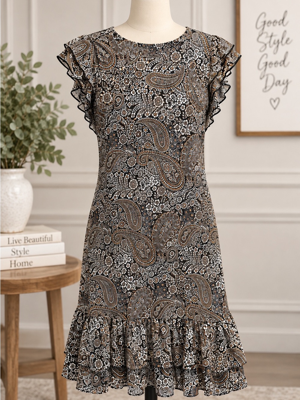 Tommy Hilfiger Black and Brown Paisley Ruffle Dress NWT